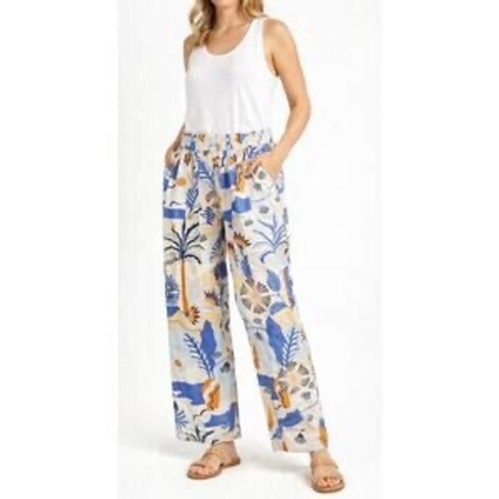 Nicole Miller New York Womens XL Linen Tropical Palm Print Wide Leg Pants Blue - Picture 7 of 7